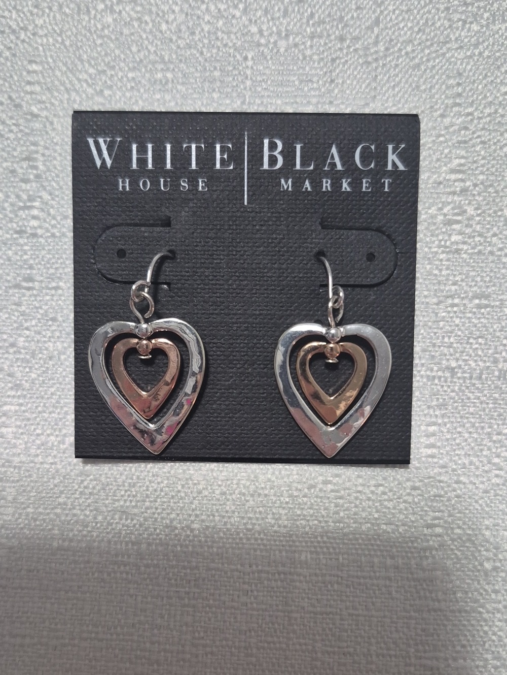 White House Black Market Two Tone Heart Dangle Earrings  Silver &  Rose Gold
